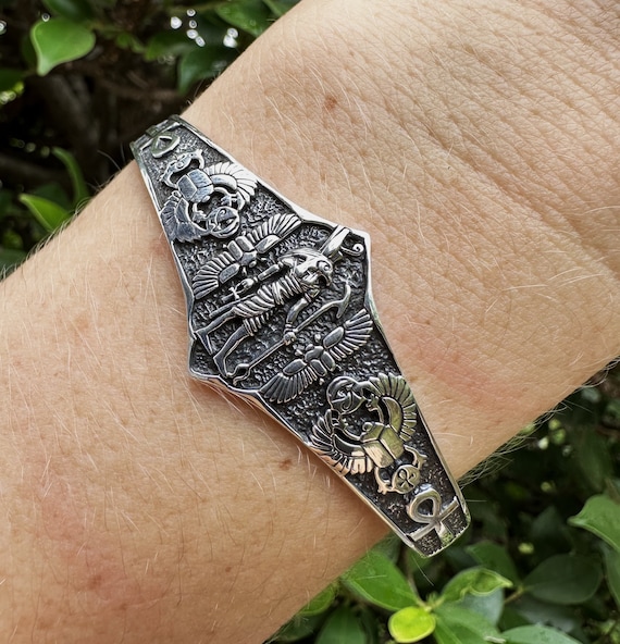 Horus Bracelet Cuff 925 Sterling Silver Ankh Scarab Bangle God of