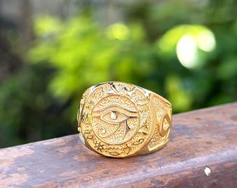 Eye of Ra Ring 925 Sterling Silver Egyptian Ankh Gold Plated Sacred Talisman Amulet