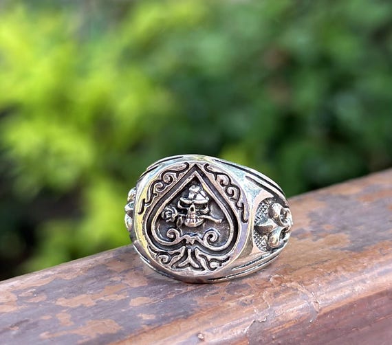 Ace of Spades Skull Ring STERLING SILVER 925 Skull & Rose Flower