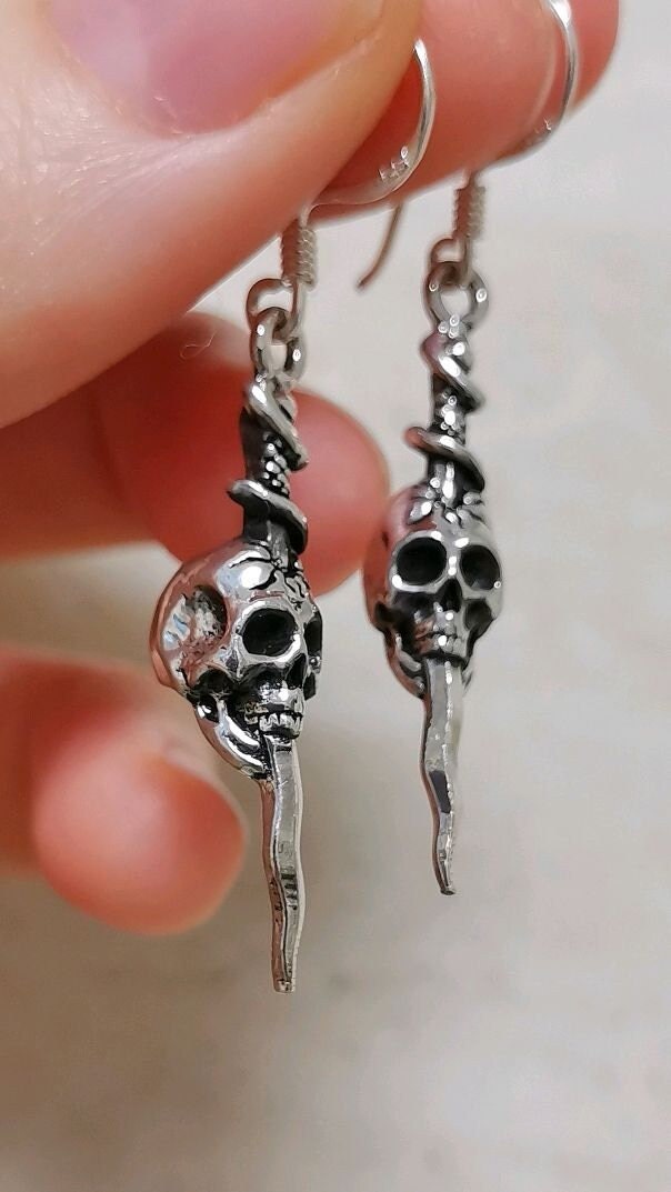 Skull Earrings STERLING SILVER 925 Curvy Dagger Skull Punk - Etsy