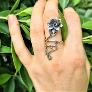 Flower Ring STERLING SILVER 925 Floral Exclusive Design Long Knuckle Adjustable Ring