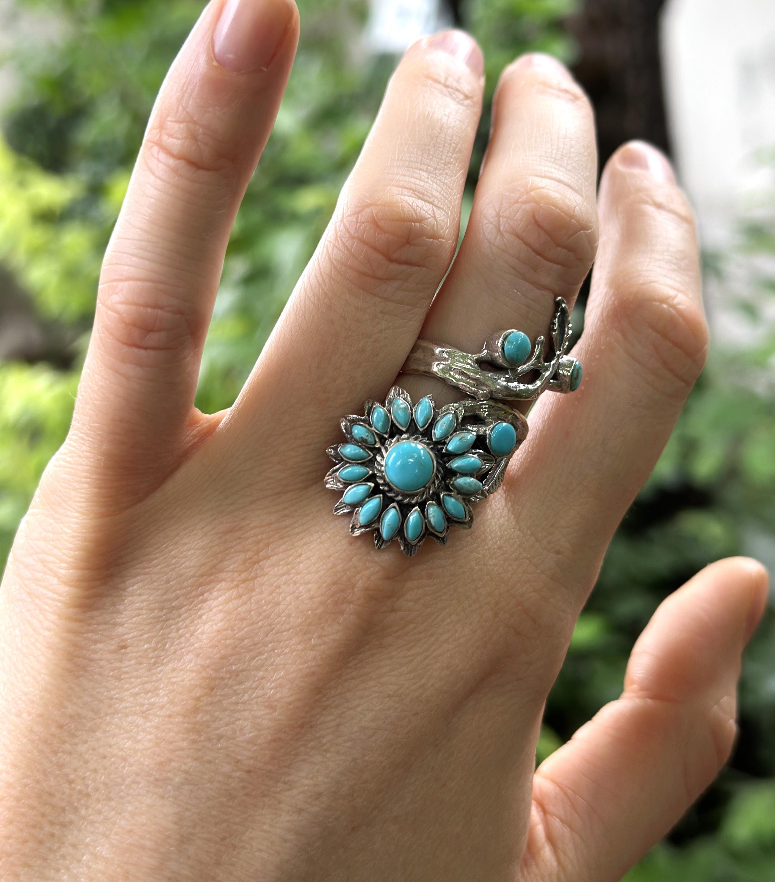 Turquoise Flower Ring 925 Sterling Silver Sunflower Genuine
