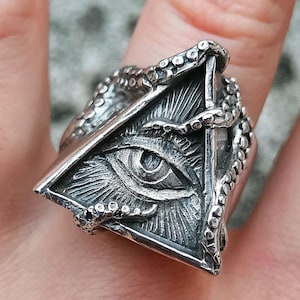 All Seeing Eye Pyramid Ring STERLING SILVER 925 Tentacles Eye of Providence Amulet Ancient Sacred Symbol