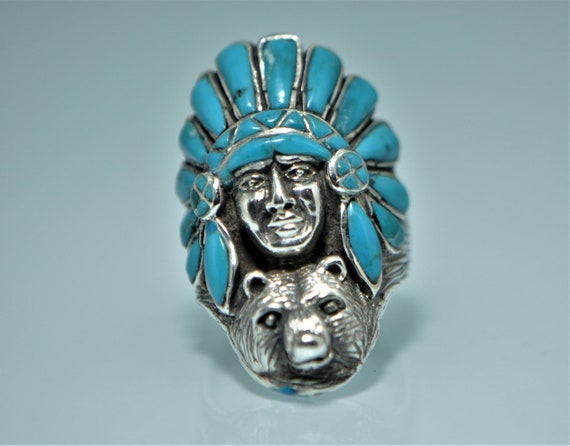 American Indian Ring 925 STERLING SILVER Natural Turquoise Inlay