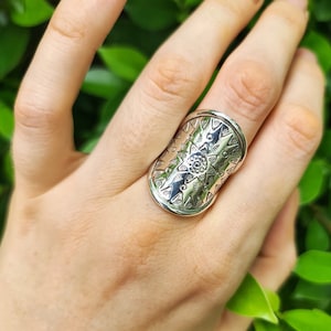 Long Knuckle Ring STERLING SILVER 925 Mandala Sun Ornament Boho Ethnic Tribal Statement Wide Shield Ring Handmade Adjustable