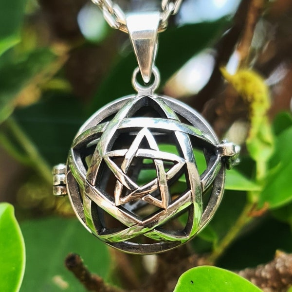 Pentagram Cage Locket Pendant STERLING SILVER 925 Secret Compartment Harmony Ball Occult Sacred Symbol Talisman Amulet