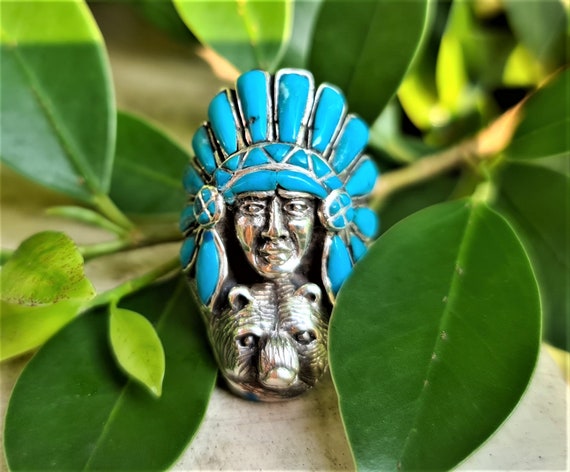 American Indian Ring 925 STERLING SILVER Natural Turquoise Inlay