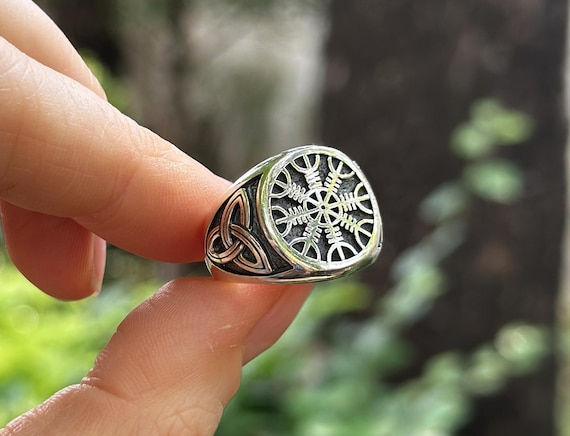 Helm of Awe Ring 925 STERLING SILVER Triquetra Runic Compass Pagan