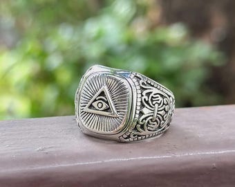 Pirámide del Ojo que Todo lo Ve Anillo de PLATA DE LEY 925 Talismán del Ojo de la Providencia Amuleto Anillo Masón Símbolo Sagrado