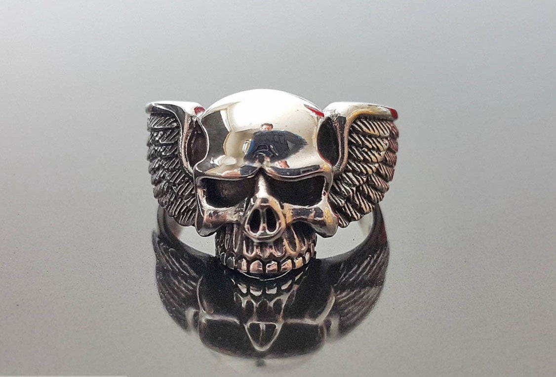 Skull Ring STERLING SILVER Winged Skull Biker Punk Goth