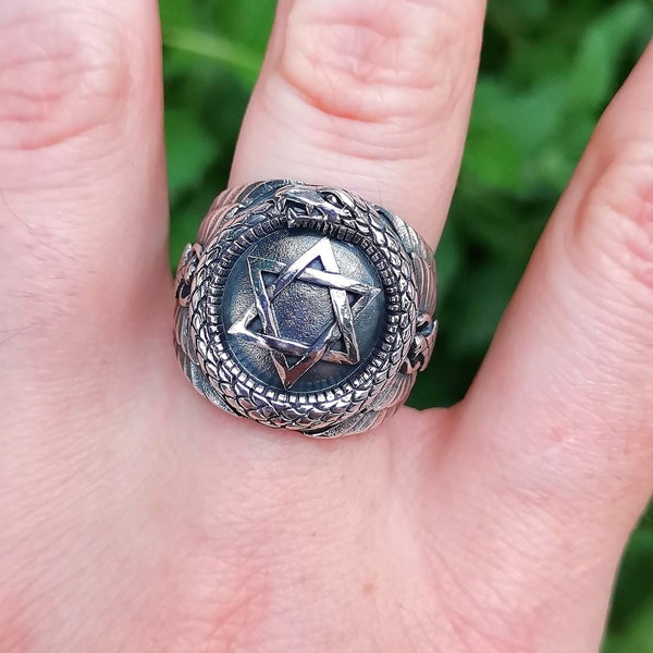 Ouroboros Star of David Ring 925 Sterling silver Snake eating its Tail Phoenix at Sides Protective Amulet Talisman