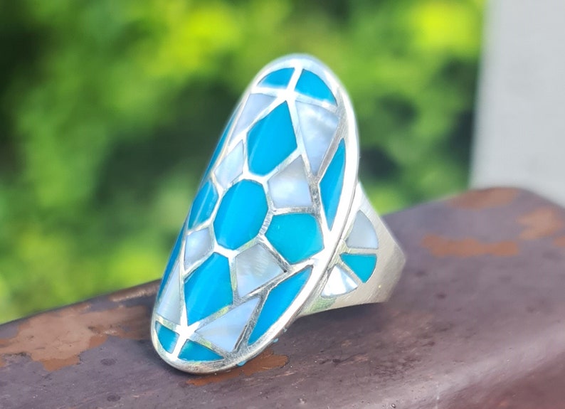 Stylish Turquoise Ring Sterling Silver 925 Mother of Pearl Handmade ...