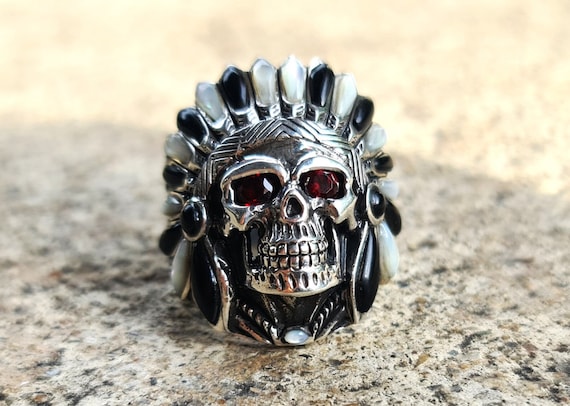 Elaborate Navajo Sterling Silver Skull Ring Native American Elaborate Navajo Sterling Silver Skull Ring Native American