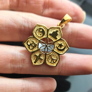 Heliga symboler hänge 925 sterlingsilver guldpläterad CO-EXIST andlig talisman Yin Yang halvmåne Buddha Om kristet kors fred