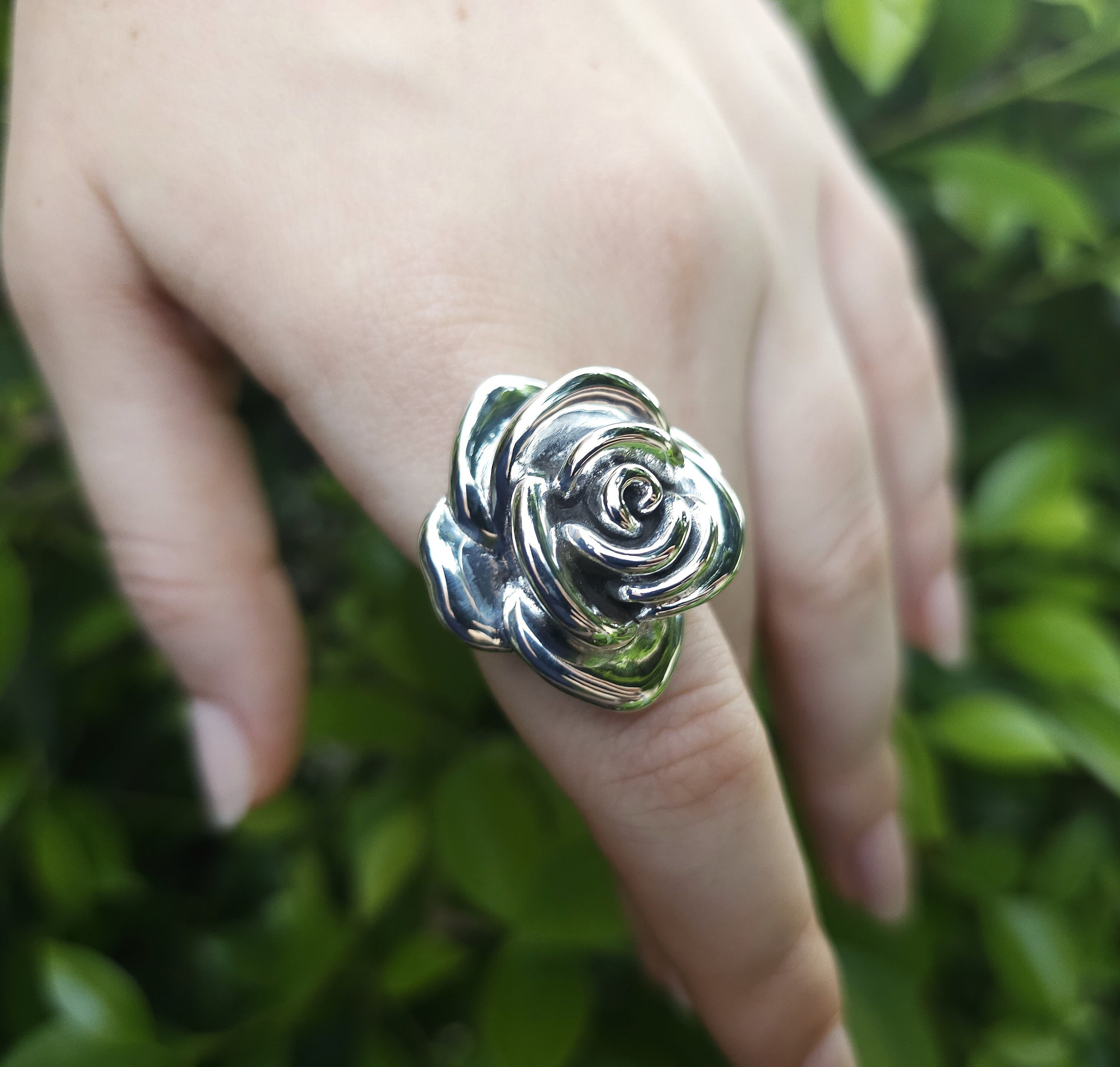 Large Rose Flower Ring STERLING SILVER 925 Massive Rose Floral