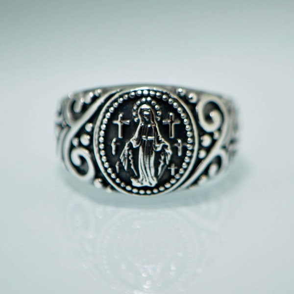 Mother Mary Ring 925 STERLING SILVER Holy Mary Crosses Signet Christian Talisman Amulet Divine Protection