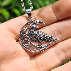 Crescent Moon Raven Pentagram Pendant STERLING SILVER 925 Celtic Viking ...