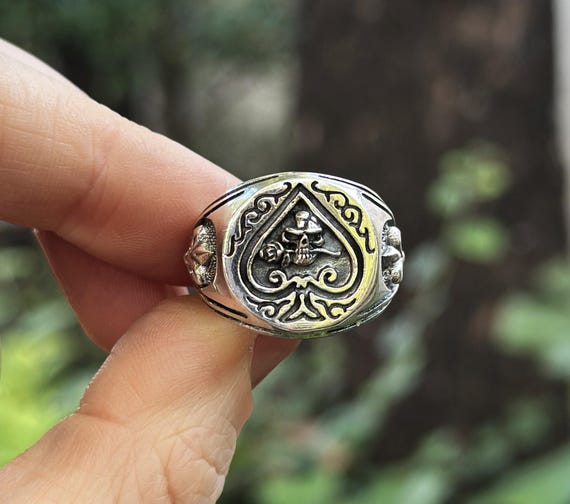 Ace of Spades Skull Ring STERLING SILVER 925 Skull & Rose Flower