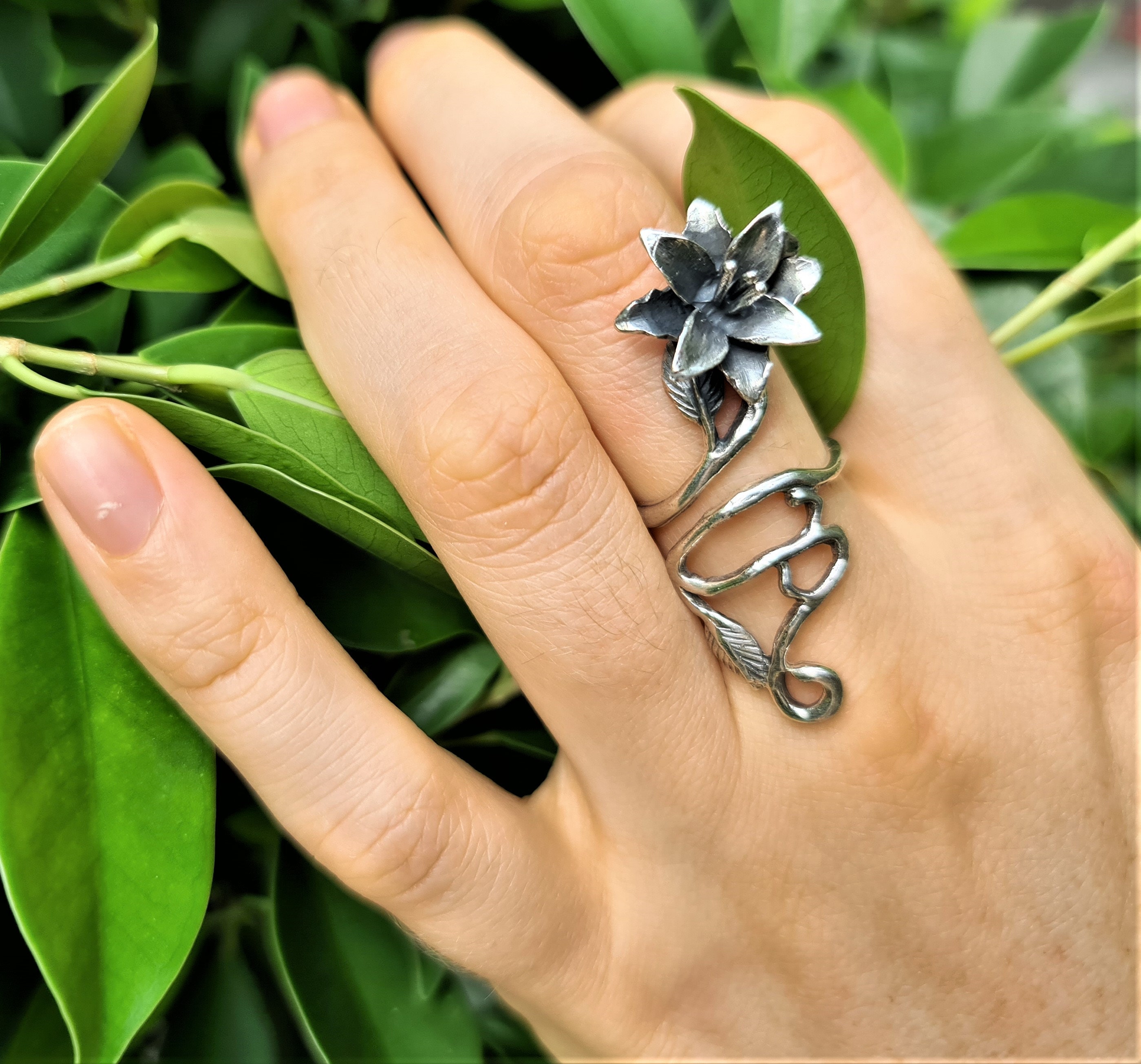 Flower Ring STERLING SILVER 925 Floral Exclusive Design Long  Sterling Silver Artisan Hand Forged Flower Adjustable Ring main image 0