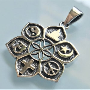 Sacred Symbols Pendant 925 Sterling Silver CO-EXIST Spiritual Talisman Yin Yang Crescent Moon Buddha Om Ohm Aum Christian Cross Peace Symbol