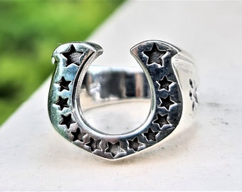 Horse Shoe Ring STERLING SILVER 925 Lucky Horseshoe with Stars Good Luck Talisman