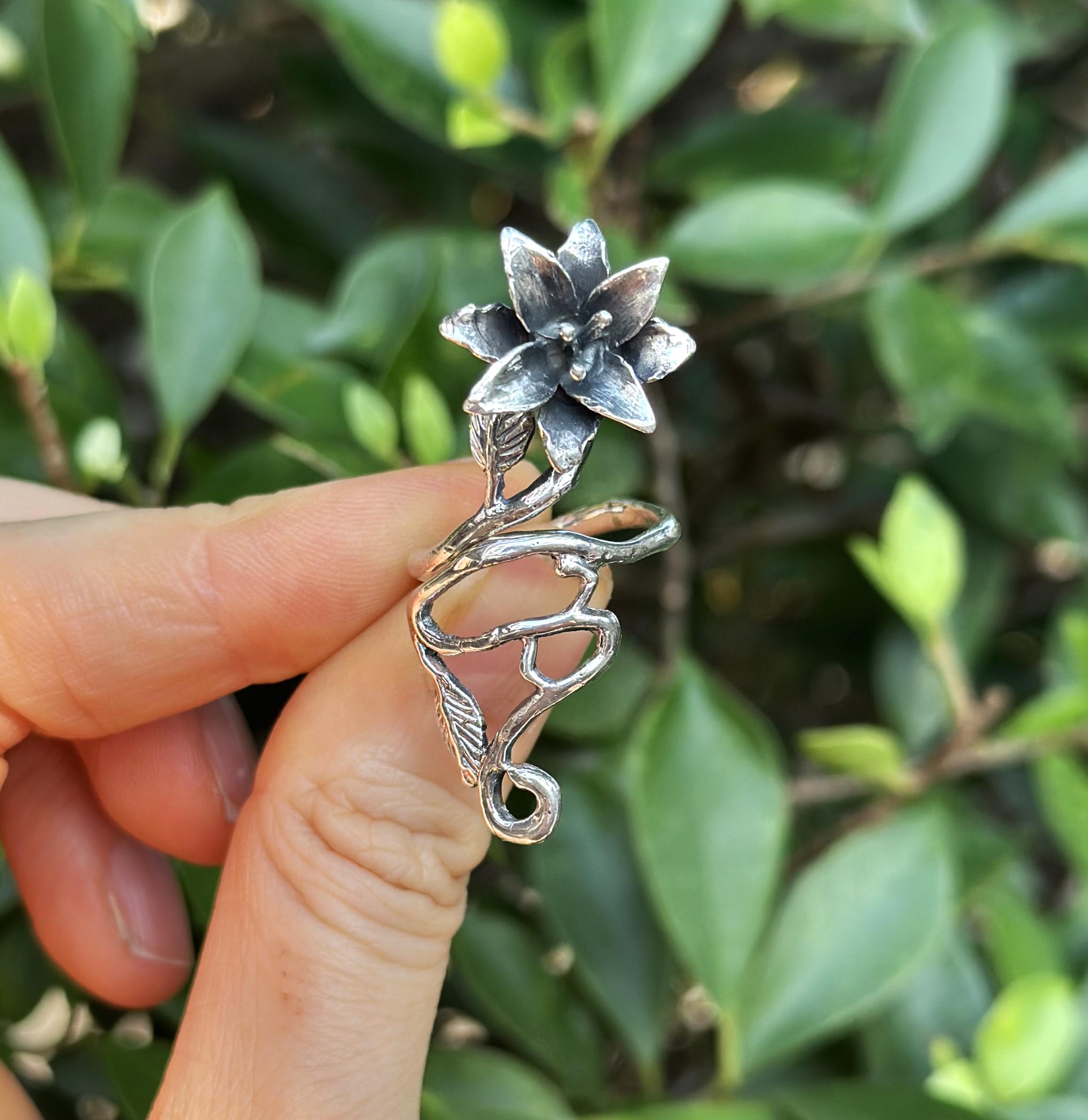 Flower Ring STERLING SILVER 925 Floral Exclusive Design Long 