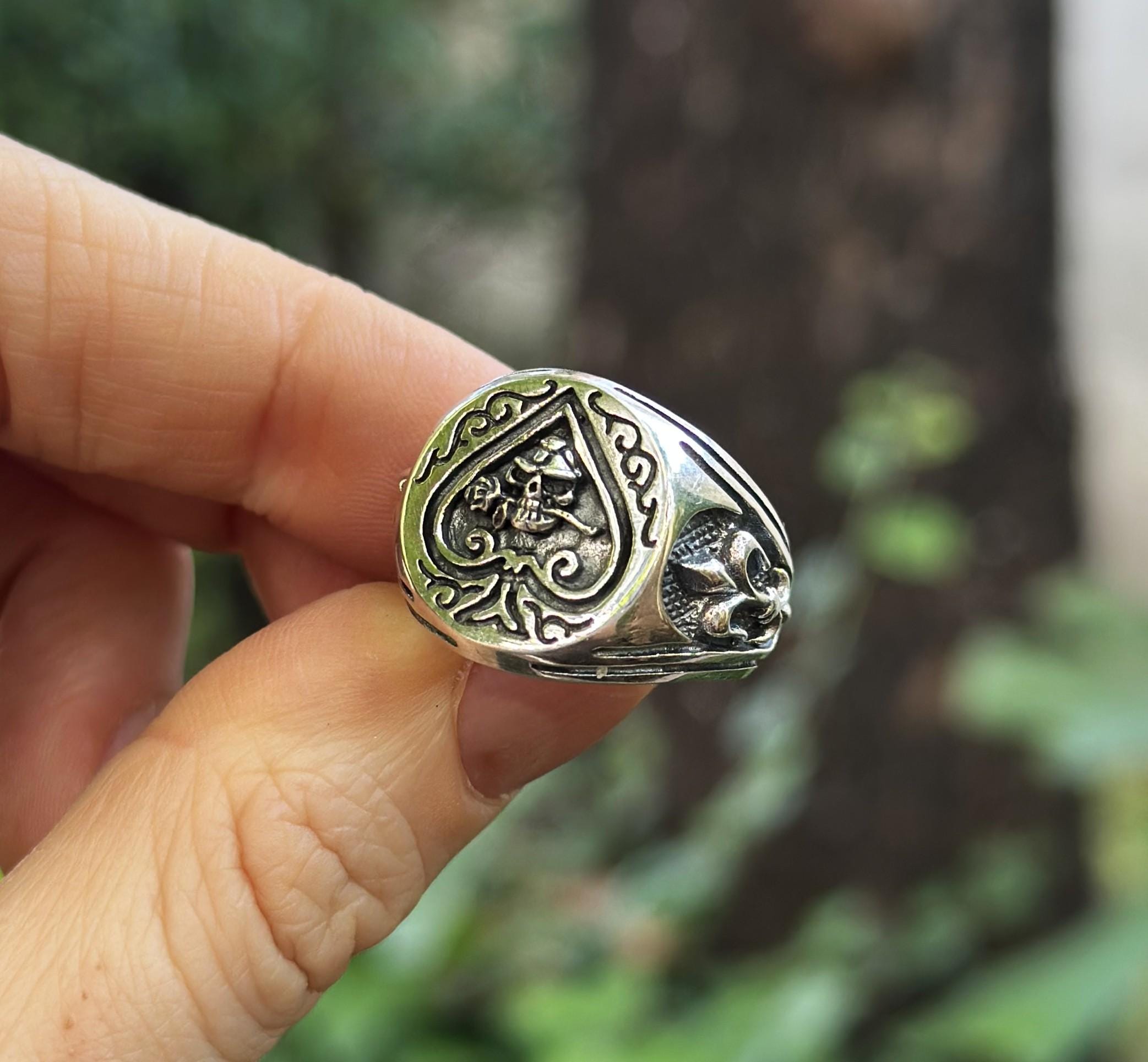 Ace of Spades Skull Ring STERLING SILVER 925 Skull & Rose Flower