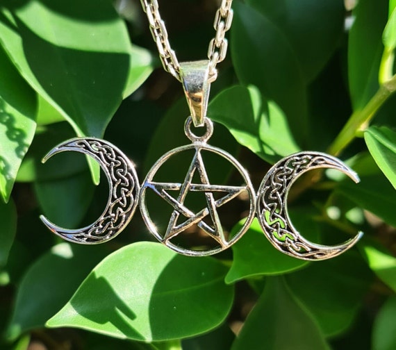 Triple Moon Goddess Sterling Silver 925 Pendant Pentagram Star Triple Moon Goddess Sterling Silver 925 Pendant Pentagram Star