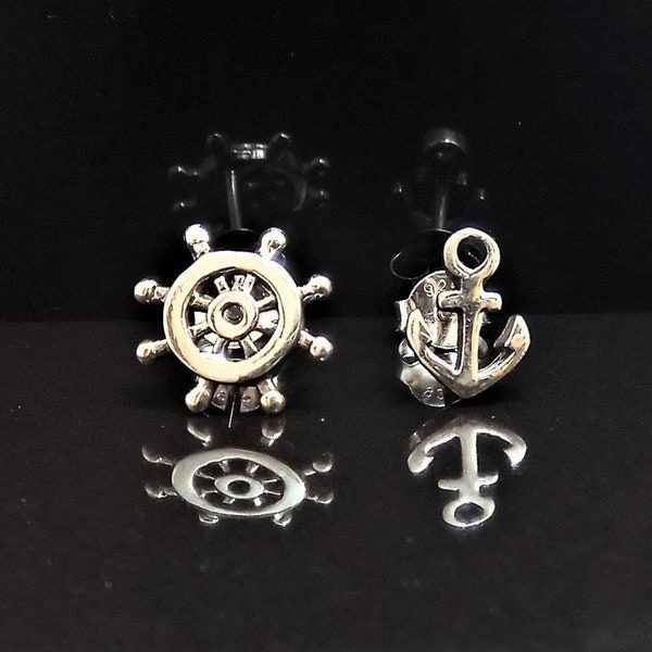 Anchor & Ship's Wheel Stud Earrings STERLING SILVER 925 Sailor Nautical Talisman Protective Amulet