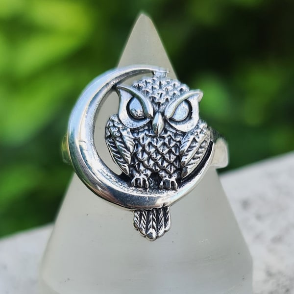 Bague Hibou ARGENT STERLING 925 Hibou sur le Croissant de Lune Symbole De Sagesse Talisman Amulette Totem Animal