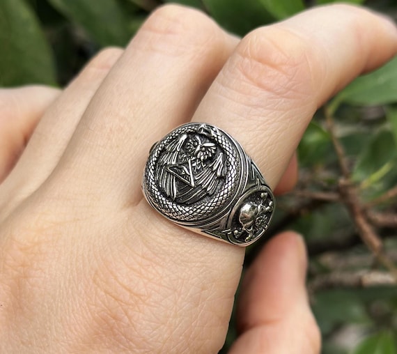 Ouroboros Ring STERLING SILVER 925 Owl All Seeing Eye Pyramid