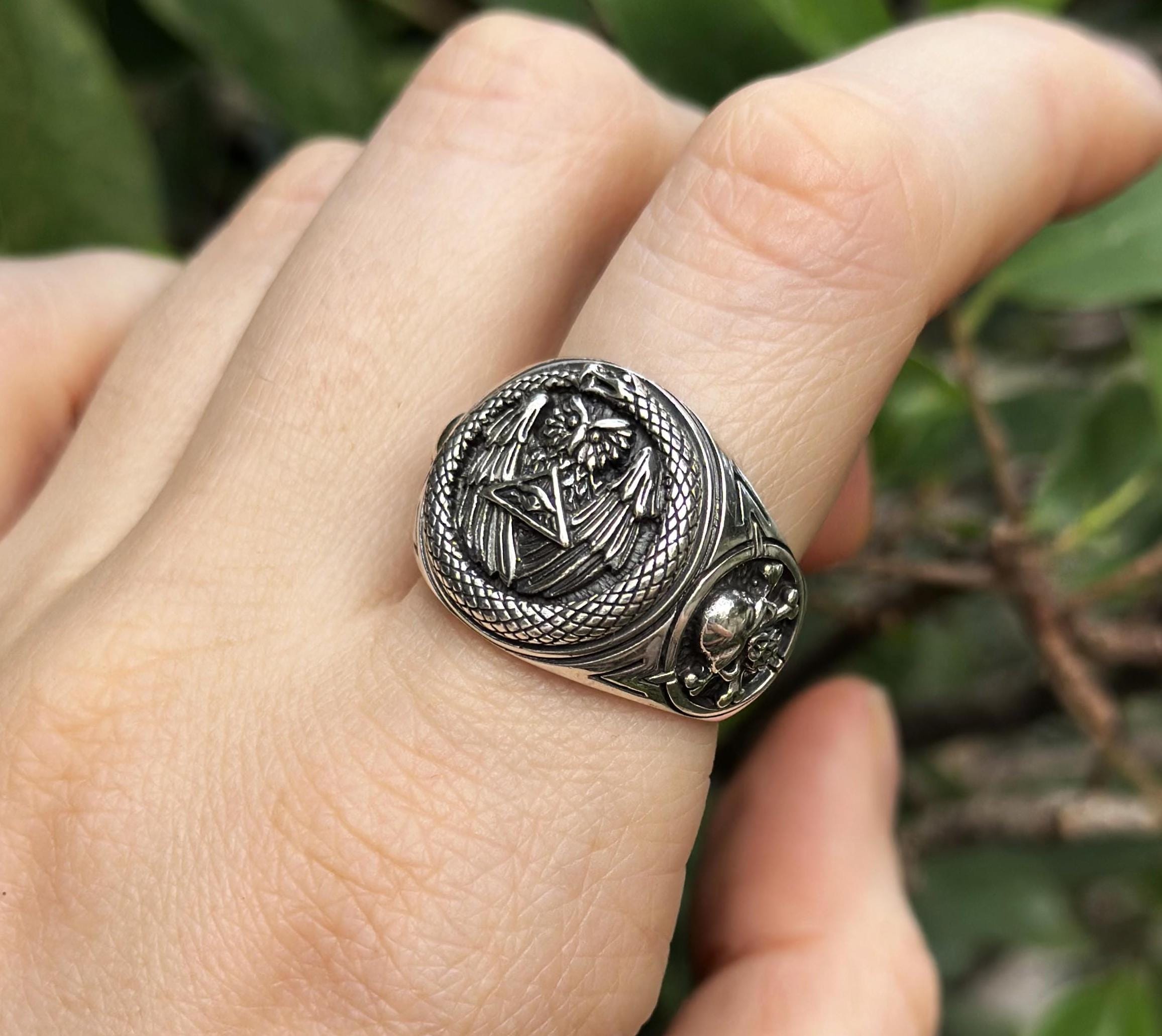 Ouroboros Ring STERLING SILVER 925 Owl All Seeing Eye Pyramid Sacred Ancient Symbol Skull and bones 
