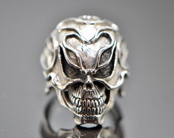 Fire Skull Ring Solid Sterling Silver 925 Flaming Skull Unique Artistic Design Skull Brutal Man's Ring