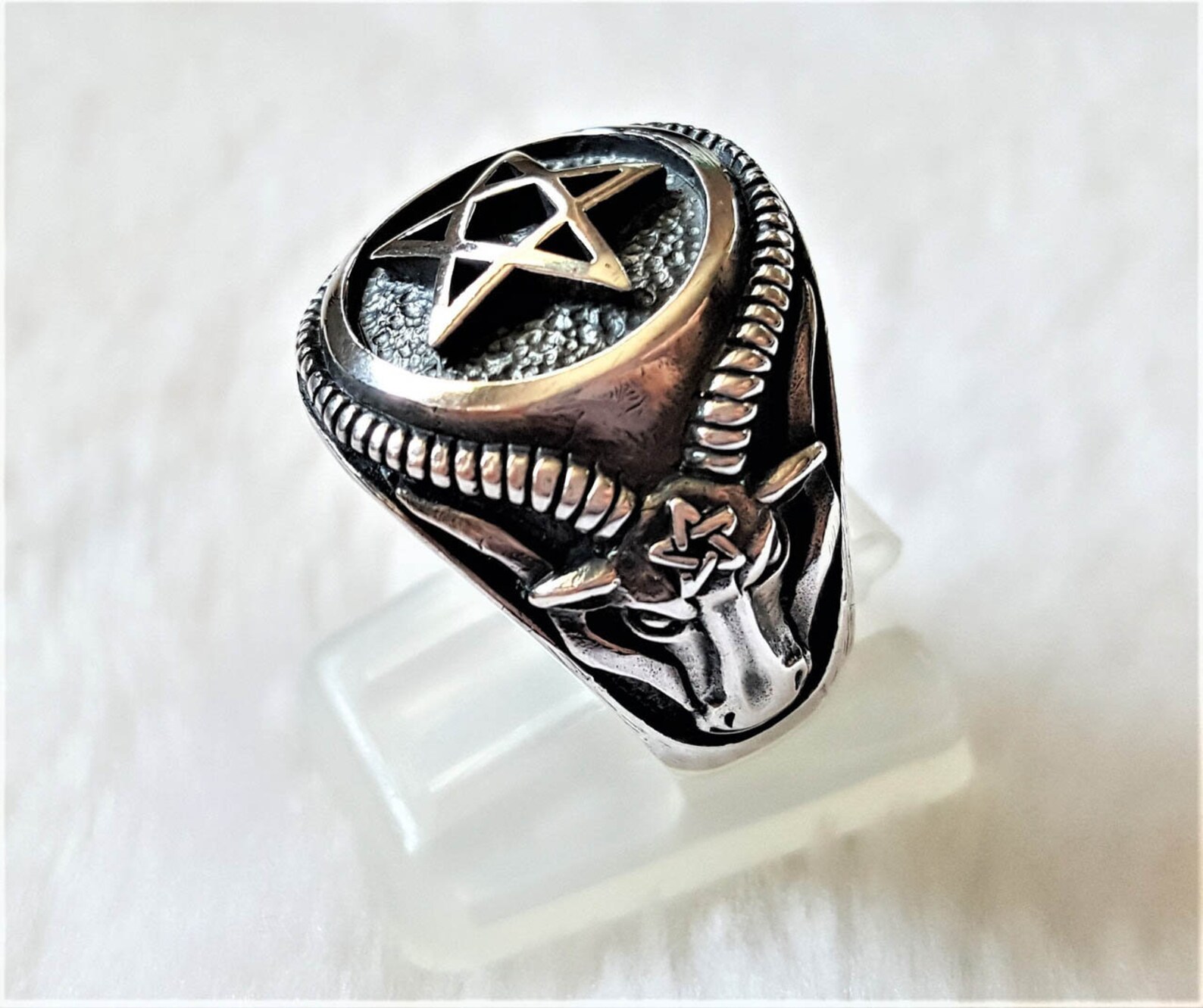 Antiqued Pentagram Star Trinity Ring - .925 Sterling Silver Band, Sizes 4-11 Available - View #14