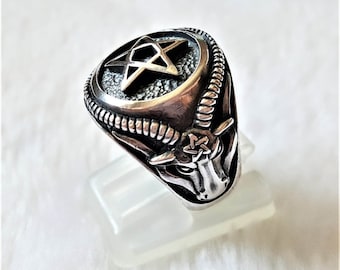Pentagramme Star Ring 925 Sterling Silver Ram’s Head Occult Sacred Symbols Gothic Medieval Talisman Gift