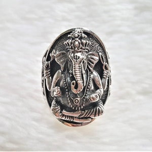 Ganesh Ring 925 Sterling Silver Great Ganesha 4 Hands Lord of Success Wealth Wisdom Om Ganapati Talisman Amulet Good Luck Maruti Mouse