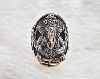 Ganesh Ring 925 Sterling Silver Great Ganesha 4 Hands Lord of Success Wealth Wisdom Om Ganapati Talisman Amulet Good Luck Maruti Mouse