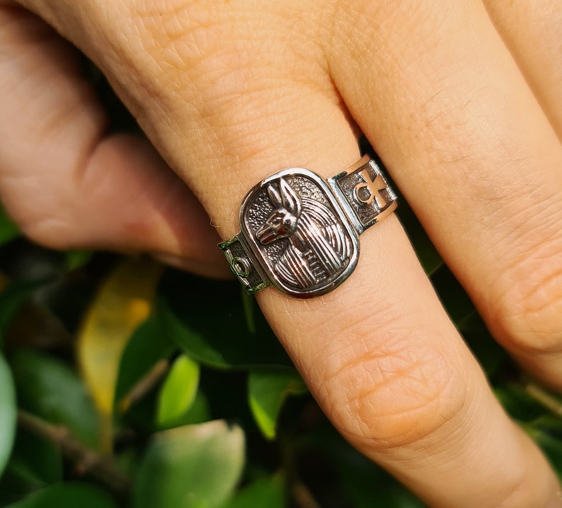 May include: Silver ring with an Anubis head design and an ankh symbol on the band.