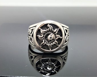 Sun Moon Ring 925 Sterling Silver Celtic Ornament Celestial Talisman