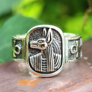 May include: Silver ring with an Anubis head design. The ring is set in a rectangular frame with an ankh symbol on each side.