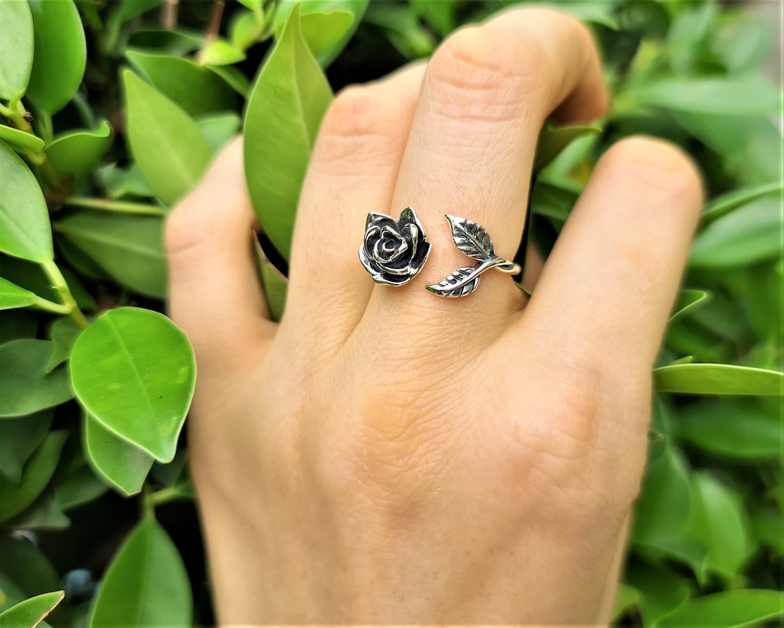 Rose Flower Ring STERLING SILVER 925 Rose Leaves Floral Etsy