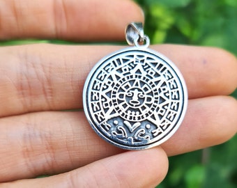 Maya Kalender Anhänger 925 STERLING SILBER Sonnenkalender Azteken Kalender Heiliges Symbol Talisman Mexikanischer Unisex Silber Anhänger