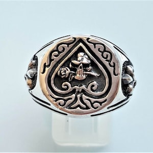 Ace of Spades Skull Ring STERLING SILVER 925 Skull with Rose Flower Fleur De Lis French Royal Lily Biker Rocker Punk Goth