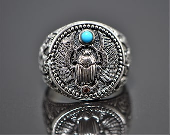 Scarab Ring STERLING SILVER 925 Ankh Key of Life God of Egypt Winged Scarab Egyptian Sacred Symbol Talisman Amulet Turquoise Black Onyx