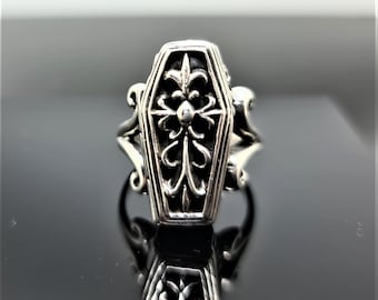 Gothic Cross Coffin Locket Ring STERLING SILVER 925 Skeleton in Coffin Rock Punk Goth Exclusive Design Gift