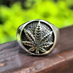 Marijuana Leaf Signet Ring STERLING SILVER 925 Cannabis Sativa Weed 420 Pot Unisex Gift