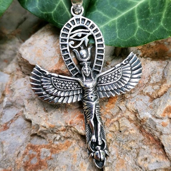 Isis Goddess Ankh Pendant STERLING SILVER 925 Eye of Horus Scarab Ancient Egyptian Symbols of Life Ankh Sacred Symbol Talisman Amulet