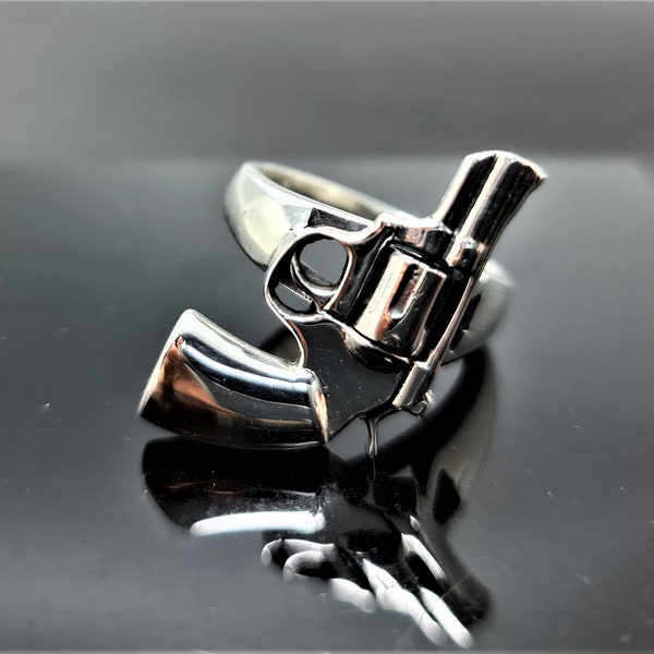 Gun Revolver Ring 925 Sterling Silver Handgun Exclusif Cadeau brutal fait à la main pour lui 15 grammes