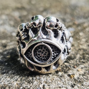 All Seeing Eye Fire Skull Ring STERLING SILVER 925 Fire Flame Eye of Providence Raw Rustic Handmade Exclusive Design