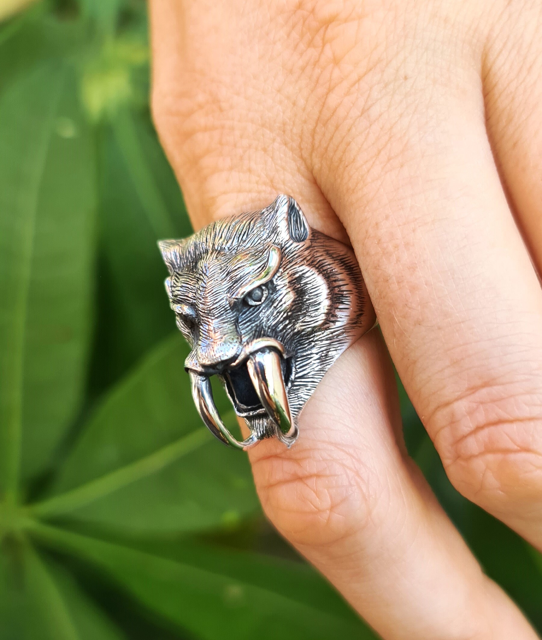 Saber toothed Tiger Ring STERLING SILVER 925 Tiger Fangs Big Cat Large Heavy Tiger Ring 27 Grams Etsy